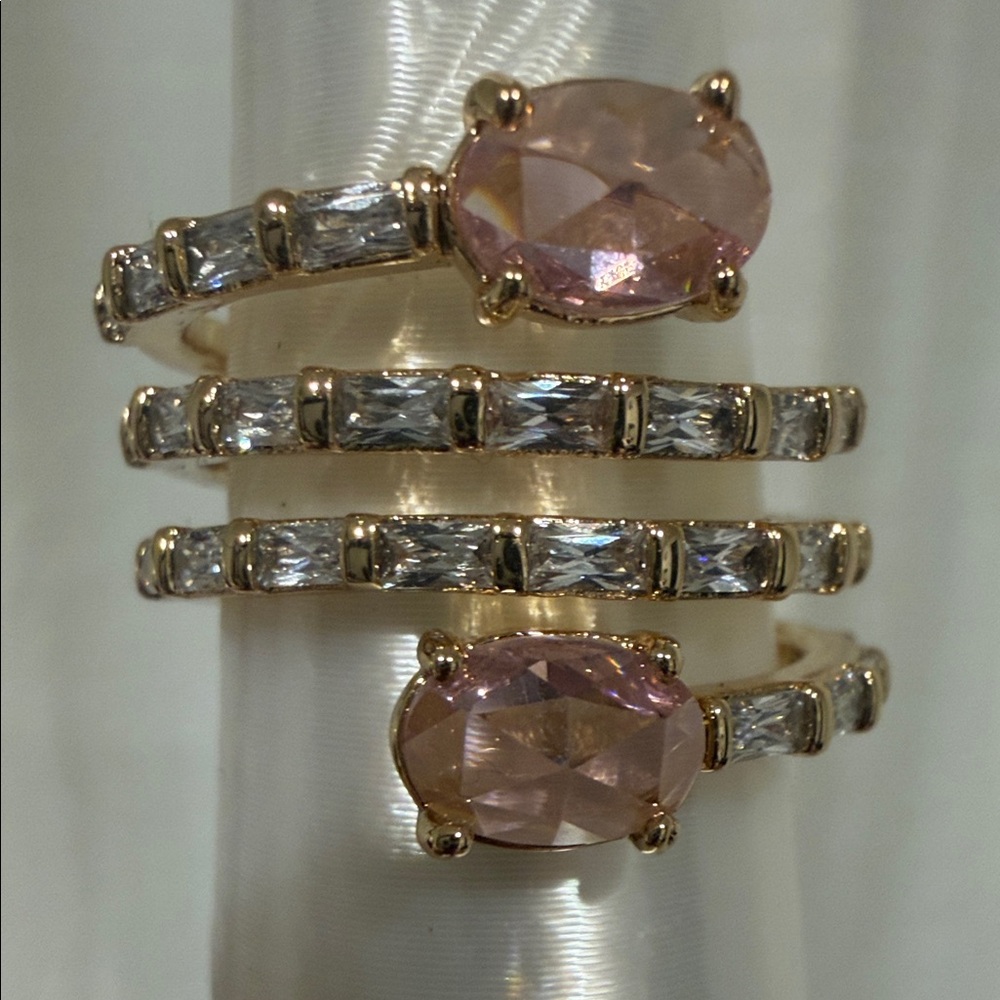 Gold-Tone Pink Crystal Spiral Ring with Clear Baguette Accents